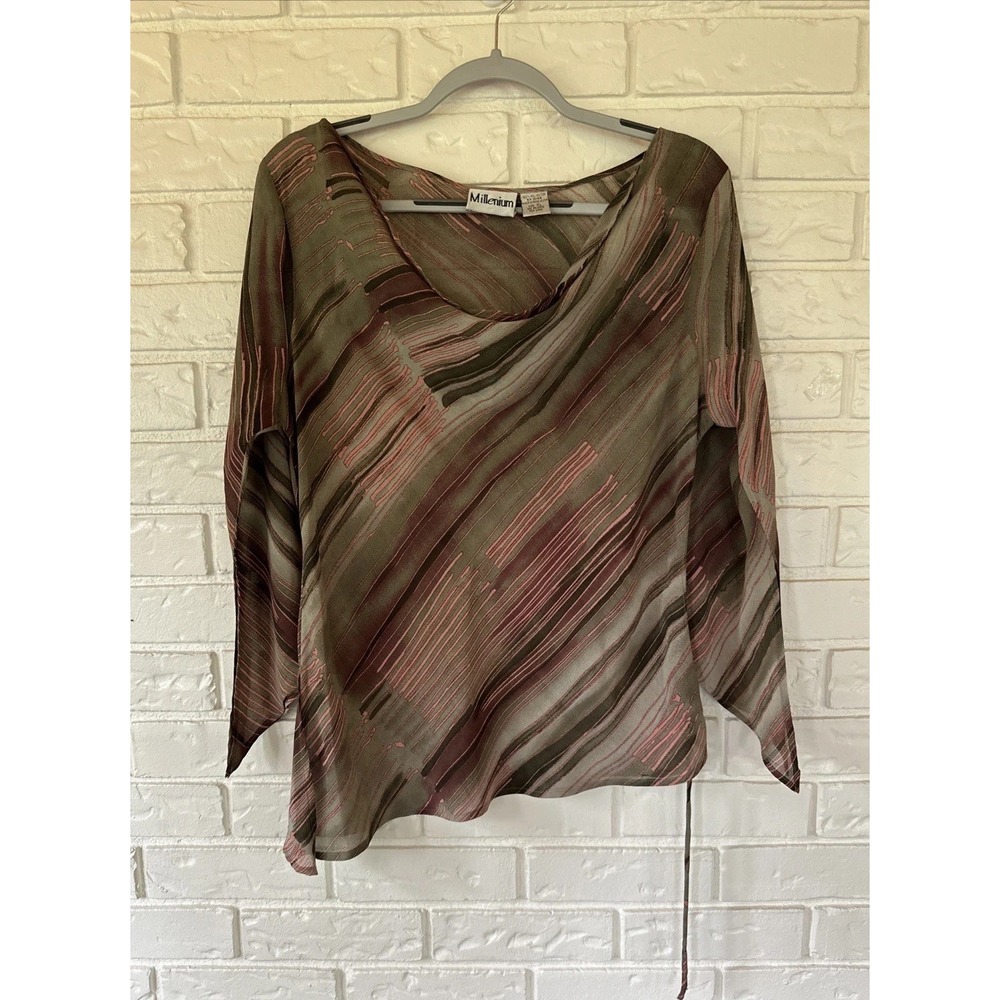 Millennium Y2K Women's S XL Green, Striped Cinched Blouse Soft Grunge